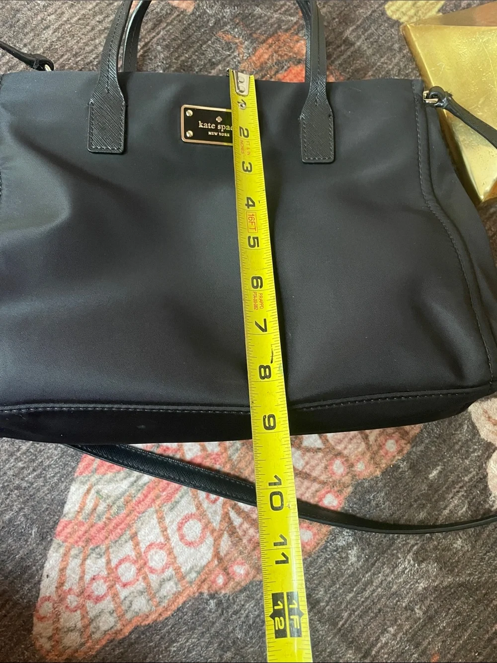 Kate Spade Black Nylon Satchel Bag with Gold Plaque Crossbody Strap EUC